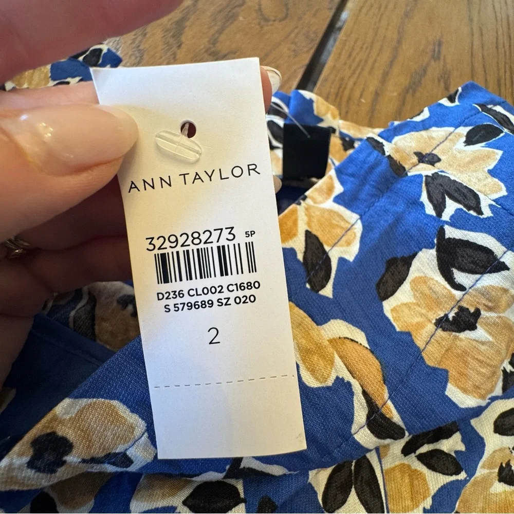 Ann Taylor Blue Floral A-Line‎ Skirt Paperbag Pleated Midi Skirt
